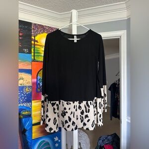 Tickled Teal Black and White Asymmetrical 3/4 Sleeve Blouse